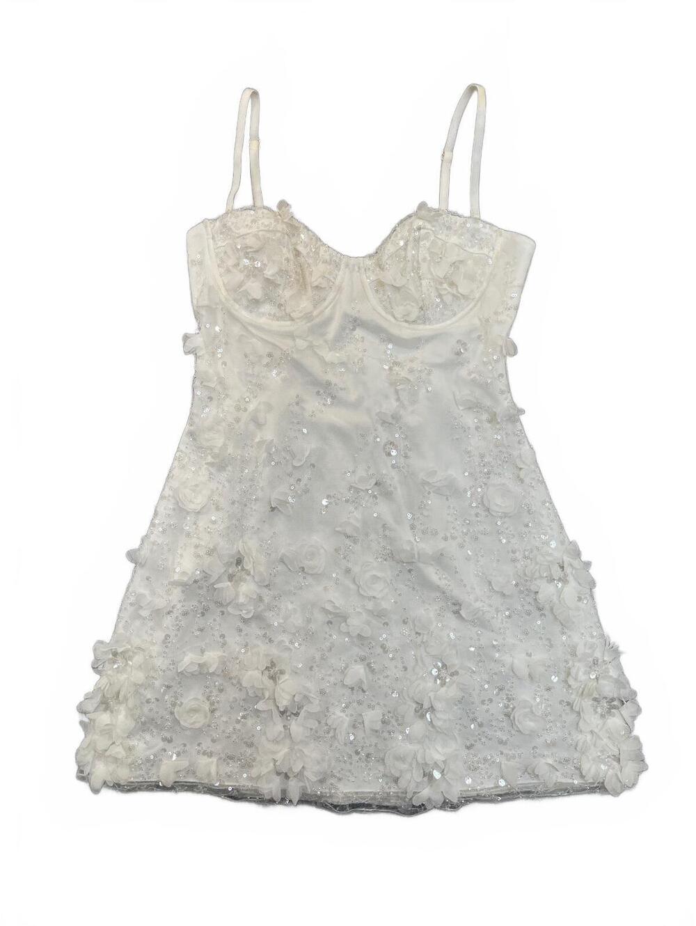 Oh Polly White Sequin Floral Applique Mini Dress Underwire Corset Bustier
